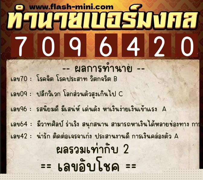 ทำนายเบอร์มงคล 0XX-7096420  ทำนายเบอร์มงคล หมายเลข 088-709642 