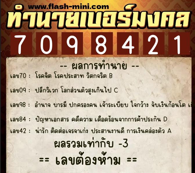 ทำนายเบอร์มงคล 0XX-7098421  ทำนายเบอร์มงคล หมายเลข 092-709842 