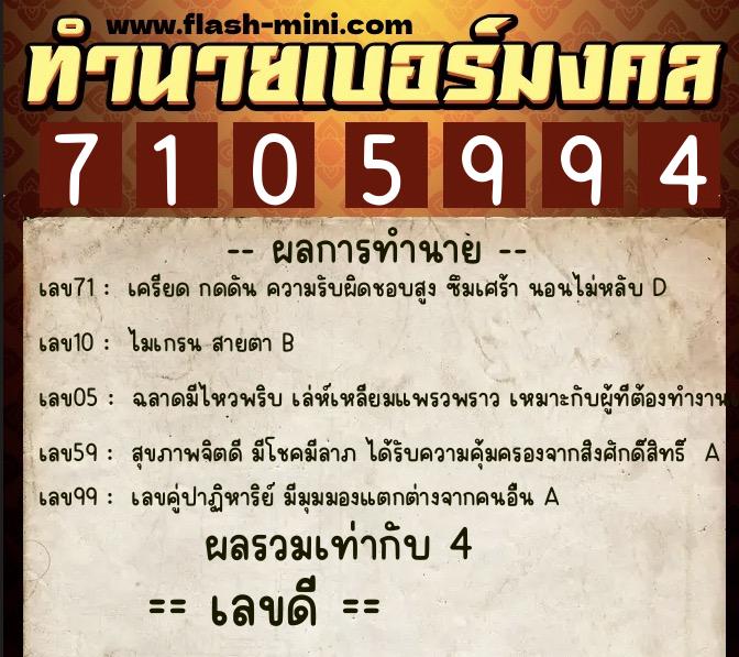 ทำนายเบอร์มงคล 0XX-7105994  ทำนายเบอร์มงคล หมายเลข 099-710599 
