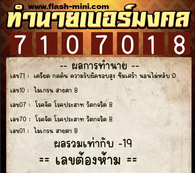 ทำนายเบอร์มงคล 0XX-7107018  ทำนายเบอร์มงคล หมายเลข 067-710701 