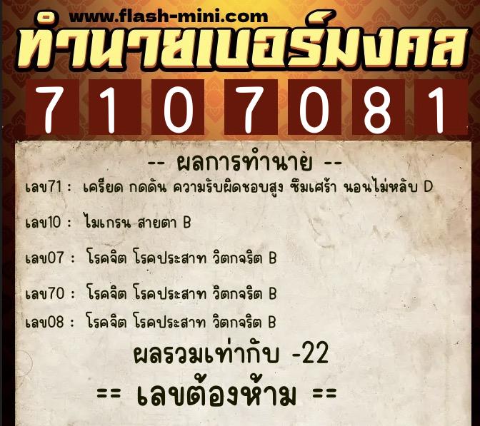 ทำนายเบอร์มงคล 0XX-7107081  ทำนายเบอร์มงคล หมายเลข 096-710708 