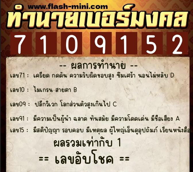 ทำนายเบอร์มงคล 0XX-7109152  ทำนายเบอร์มงคล หมายเลข 061-710915 