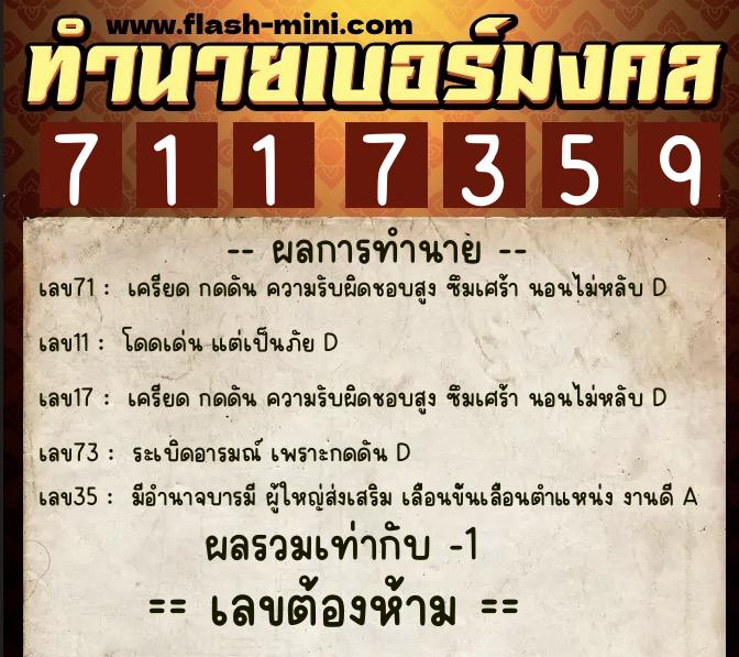 ทำนายเบอร์มงคล 0XX-7117359  ทำนายเบอร์มงคล หมายเลข 087-711735 