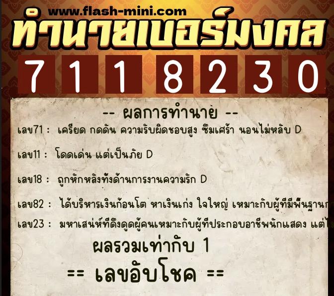 ทำนายเบอร์มงคล 0XX-7118230  ทำนายเบอร์มงคล หมายเลข 088-711823 