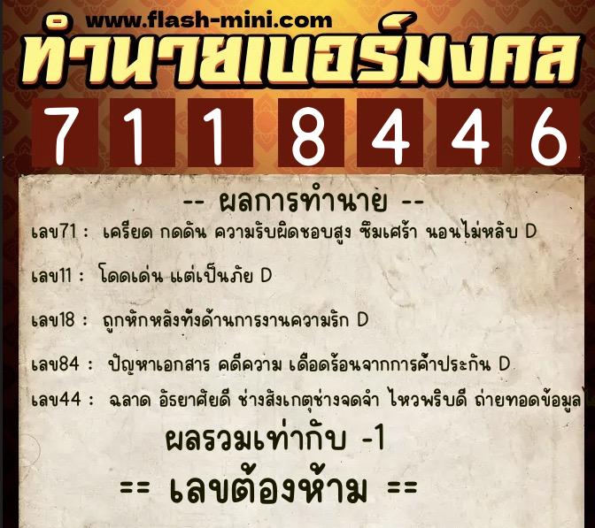 ทำนายเบอร์มงคล 0XX-7118446  ทำนายเบอร์มงคล หมายเลข 097-711844 