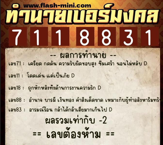 ทำนายเบอร์มงคล 0XX-7118831  ทำนายเบอร์มงคล หมายเลข 082-711883 