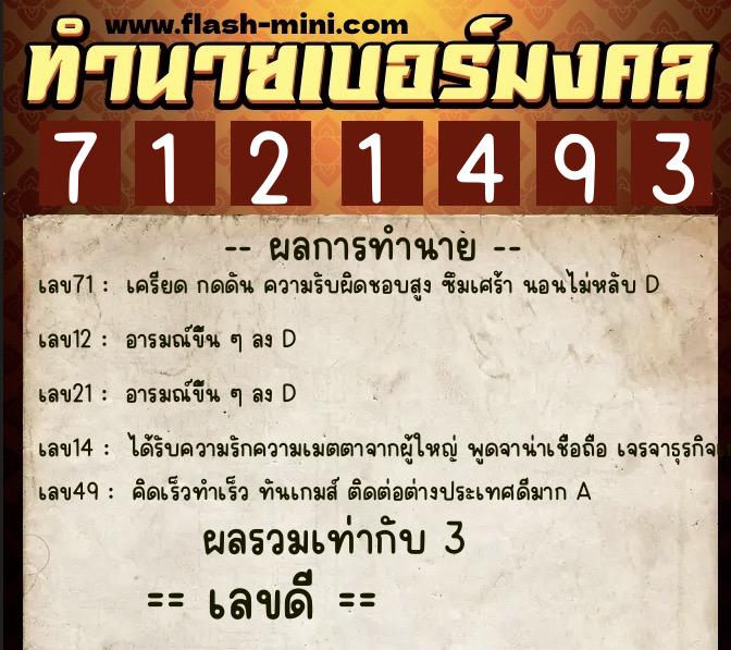 ทำนายเบอร์มงคล 0XX-7121493  ทำนายเบอร์มงคล หมายเลข 089-712149 