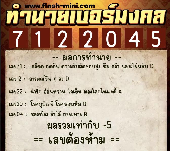 ทำนายเบอร์มงคล 0XX-7122045  ทำนายเบอร์มงคล หมายเลข 065-712204 