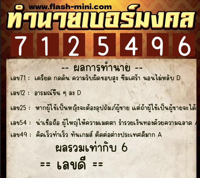 ทำนายเบอร์มงคล 0XX-7125496  ทำนายเบอร์มงคล หมายเลข 087-712549 