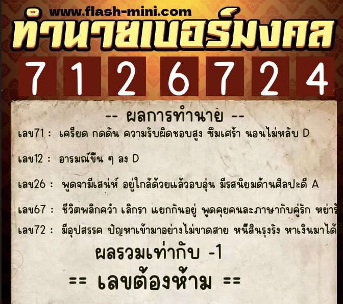 ทำนายเบอร์มงคล 0XX-7126724  ทำนายเบอร์มงคล หมายเลข 095-712672 