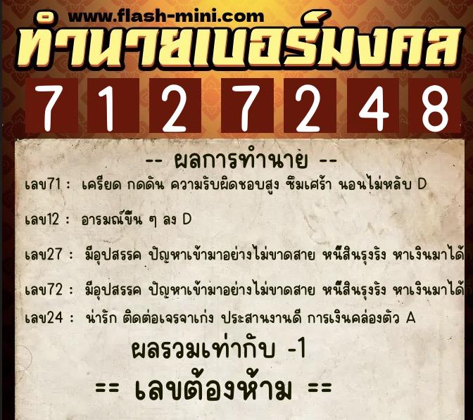 ทำนายเบอร์มงคล 0XX-7127248  ทำนายเบอร์มงคล หมายเลข 061-712724 