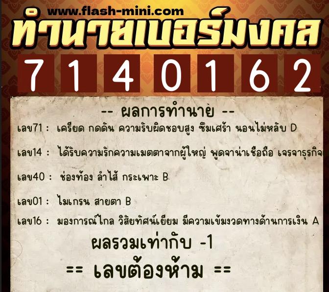 ทำนายเบอร์มงคล 0XX-7140162  ทำนายเบอร์มงคล หมายเลข 091-714016 