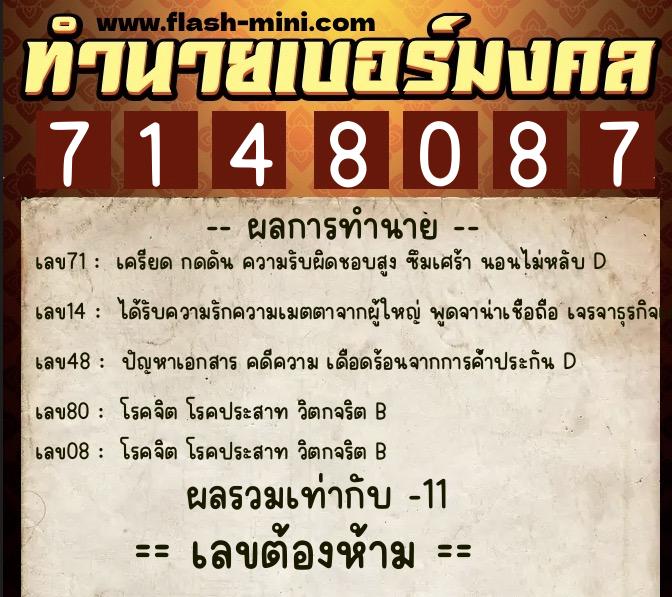 ทำนายเบอร์มงคล 0XX-7148087  ทำนายเบอร์มงคล หมายเลข 096-714808 