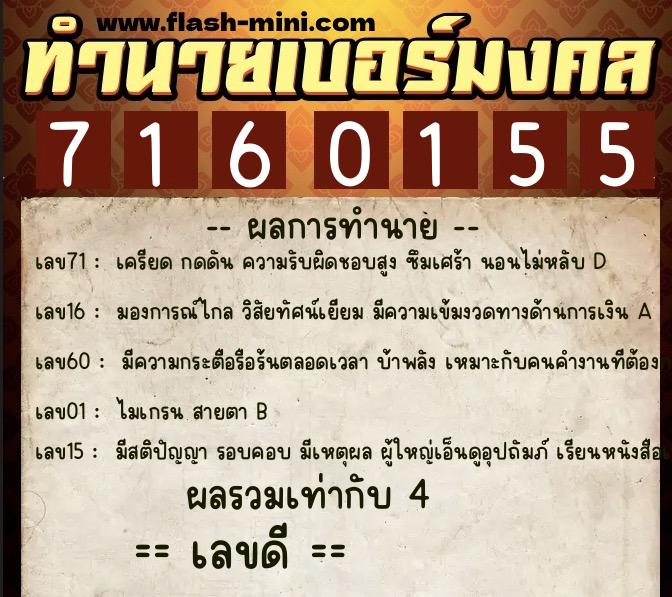 ทำนายเบอร์มงคล 0XX-7160155  ทำนายเบอร์มงคล หมายเลข 098-716015 
