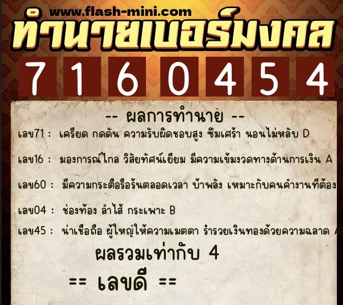 ทำนายเบอร์มงคล 0XX-7160454  ทำนายเบอร์มงคล หมายเลข 091-716045 