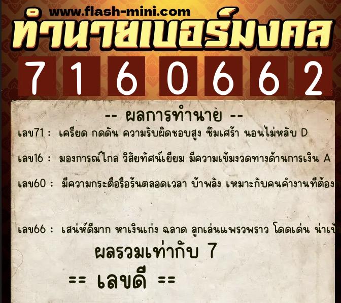ทำนายเบอร์มงคล 0XX-7160662  ทำนายเบอร์มงคล หมายเลข 093-716066 