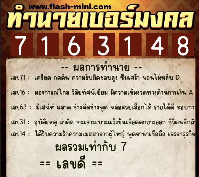 ทำนายเบอร์มงคล 0XX-7163148  ทำนายเบอร์มงคล หมายเลข 096-716314 