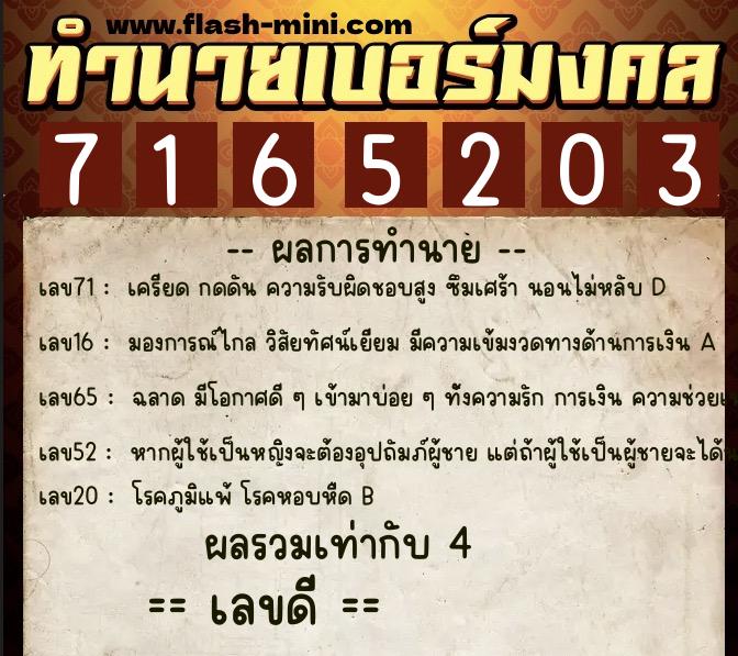 ทำนายเบอร์มงคล 0XX-7165203  ทำนายเบอร์มงคล หมายเลข 094-716520 