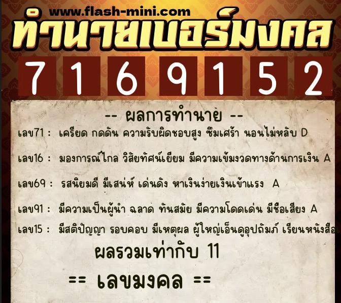 ทำนายเบอร์มงคล 0XX-7169152  ทำนายเบอร์มงคล หมายเลข 085-716915 