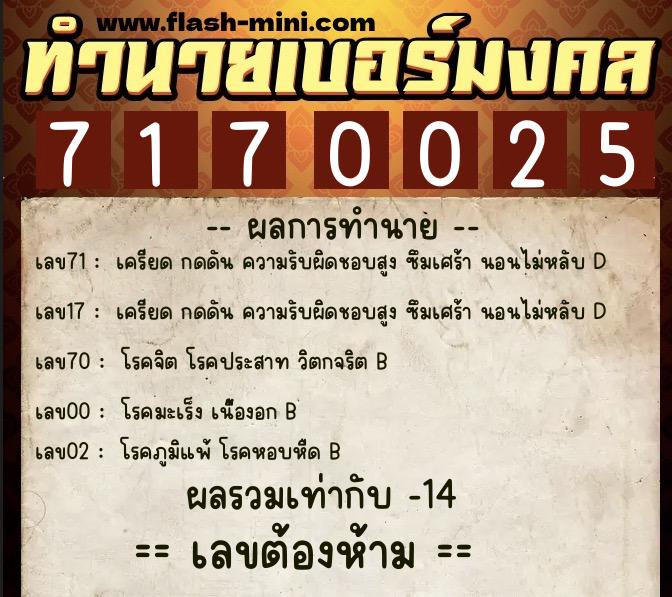 ทำนายเบอร์มงคล 0XX-7170025  ทำนายเบอร์มงคล หมายเลข 092-717002 