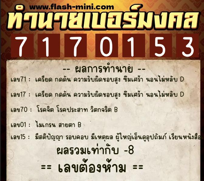 ทำนายเบอร์มงคล 0XX-7170153  ทำนายเบอร์มงคล หมายเลข 080-717015 