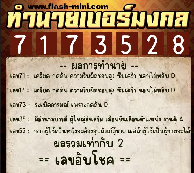 ทำนายเบอร์มงคล 0XX-7173528  ทำนายเบอร์มงคล หมายเลข 069-717352 