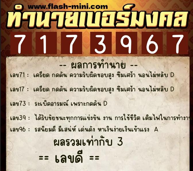 ทำนายเบอร์มงคล 0XX-7173967  ทำนายเบอร์มงคล หมายเลข 080-717396 