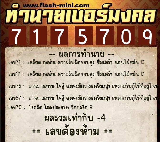 ทำนายเบอร์มงคล 0XX-7175709  ทำนายเบอร์มงคล หมายเลข 063-717570 
