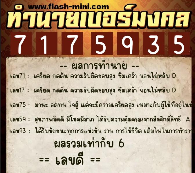 ทำนายเบอร์มงคล 0XX-7175935  ทำนายเบอร์มงคล หมายเลข 082-717593 