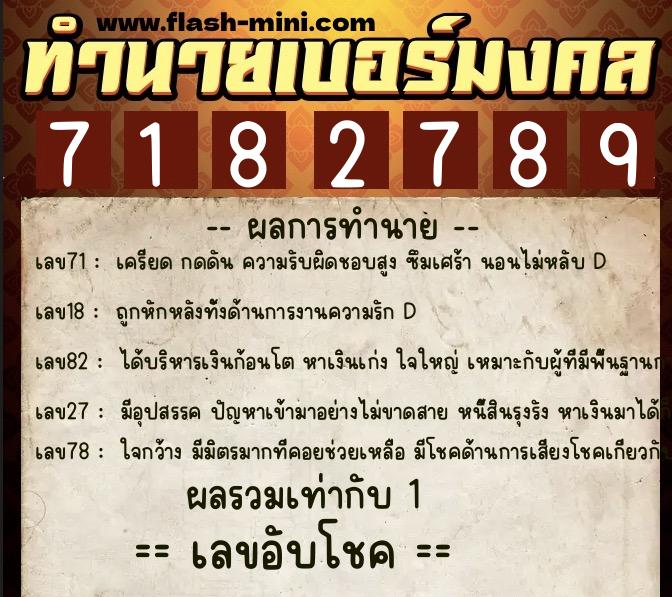 ทำนายเบอร์มงคล 0XX-7182789  ทำนายเบอร์มงคล หมายเลข 083-718278 