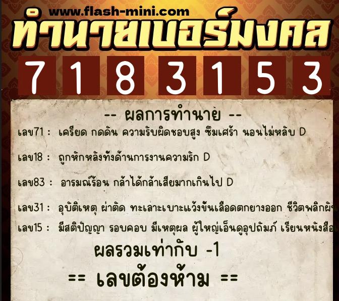 ทำนายเบอร์มงคล 0XX-7183153 ทำนายเบอร์มงคล หมายเลข 088-718315 ทำนายเบอร์มงคล 0XX-7183153 ทำนายเบอร์มงคล หมายเลข 088-718315