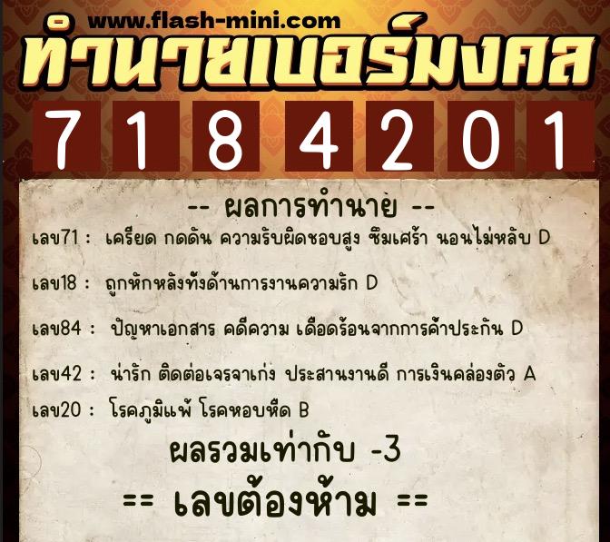 ทำนายเบอร์มงคล 0XX-7184201  ทำนายเบอร์มงคล หมายเลข 063-718420 