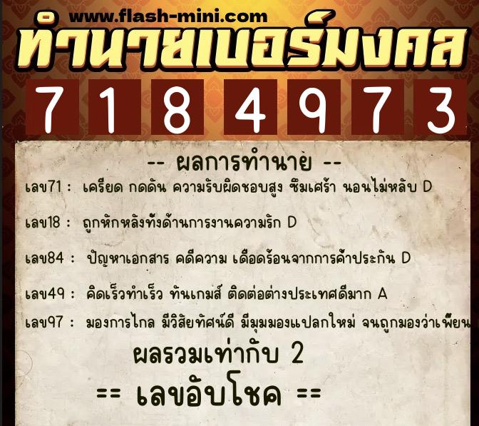 ทำนายเบอร์มงคล 0XX-7184973  ทำนายเบอร์มงคล หมายเลข 086-718497 