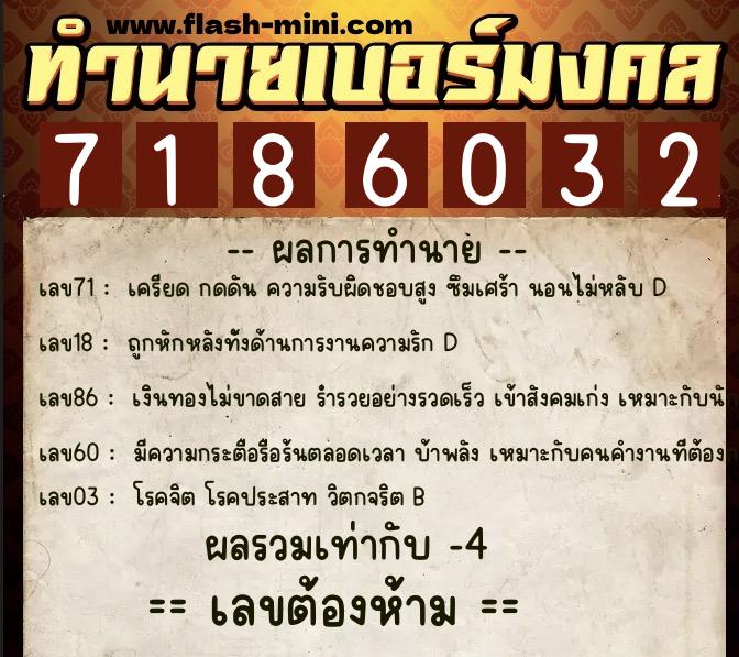 ทำนายเบอร์มงคล 0XX-7186032  ทำนายเบอร์มงคล หมายเลข 096-718603 