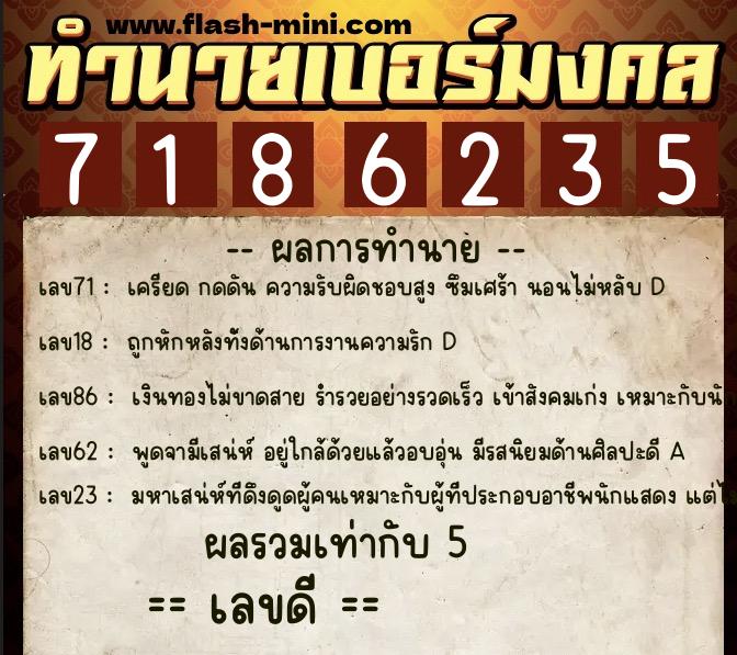 ทำนายเบอร์มงคล 0XX-7186235  ทำนายเบอร์มงคล หมายเลข 090-718623 
