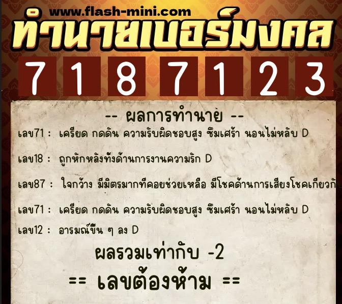 ทำนายเบอร์มงคล 0XX-7187123  ทำนายเบอร์มงคล หมายเลข 067-718712 