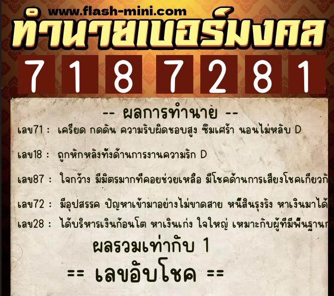 ทำนายเบอร์มงคล 0XX-7187281  ทำนายเบอร์มงคล หมายเลข 062-718728 