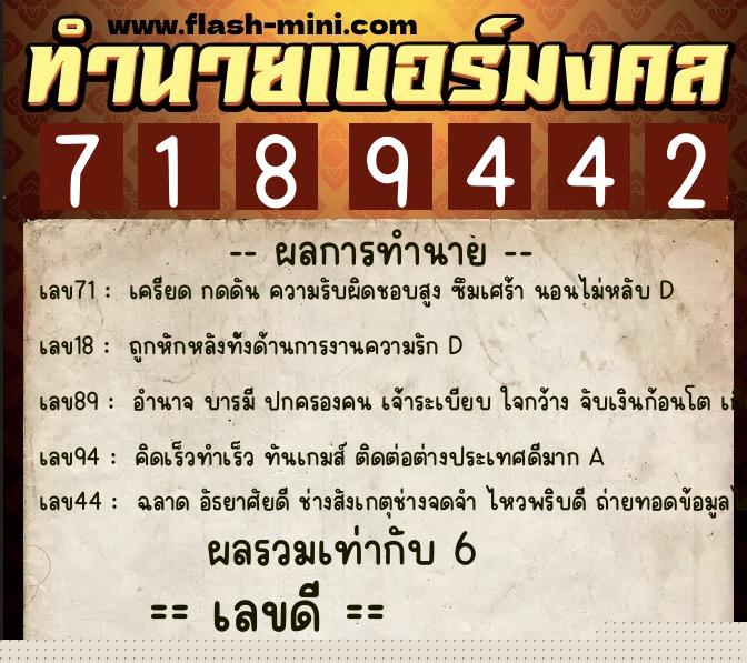 ทำนายเบอร์มงคล 0XX-7189442  ทำนายเบอร์มงคล หมายเลข 097-718944 