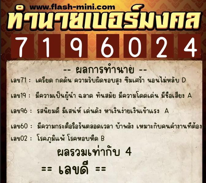 ทำนายเบอร์มงคล 0XX-7196024  ทำนายเบอร์มงคล หมายเลข 097-719602 
