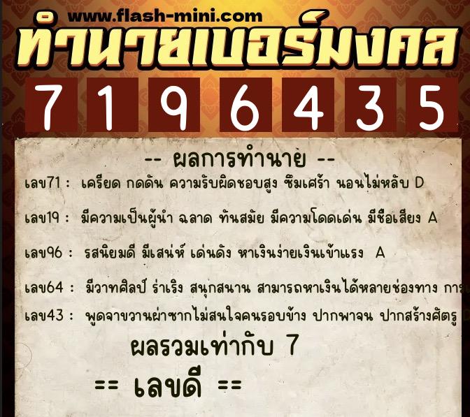 ทำนายเบอร์มงคล 0XX-7196435  ทำนายเบอร์มงคล หมายเลข 084-719643 