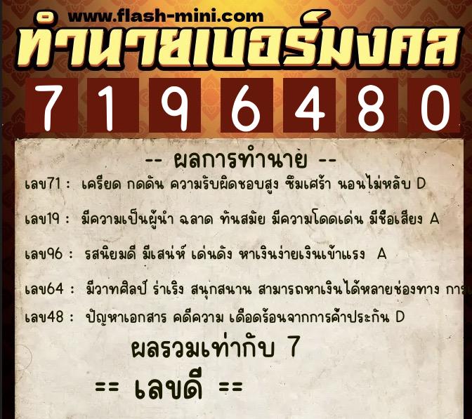ทำนายเบอร์มงคล 0XX-7196480  ทำนายเบอร์มงคล หมายเลข 085-719648 