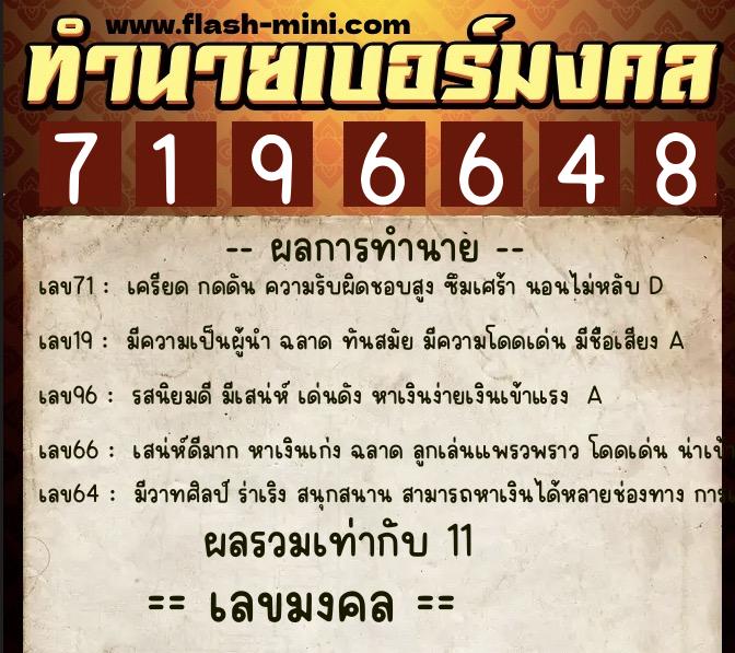 ทำนายเบอร์มงคล 0XX-7196648  ทำนายเบอร์มงคล หมายเลข 069-719664 