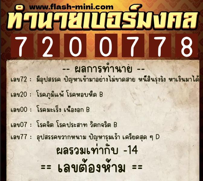 ทำนายเบอร์มงคล 0XX-7200778  ทำนายเบอร์มงคล หมายเลข 067-720077 