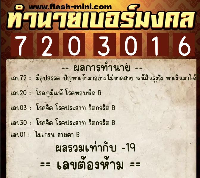 ทำนายเบอร์มงคล 0XX-7203016  ทำนายเบอร์มงคล หมายเลข 087-720301 
