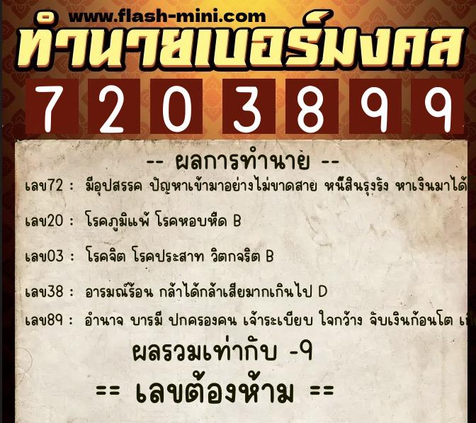 ทำนายเบอร์มงคล 0XX-7203899  ทำนายเบอร์มงคล หมายเลข 088-720389 