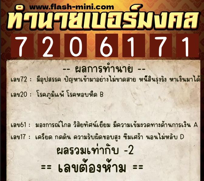 ทำนายเบอร์มงคล 0XX-7206171  ทำนายเบอร์มงคล หมายเลข 091-720617 