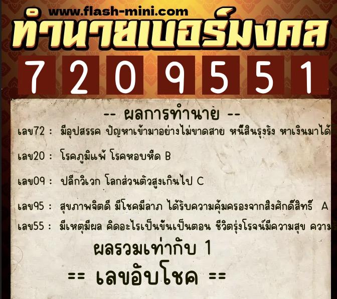ทำนายเบอร์มงคล 0XX-7209551  ทำนายเบอร์มงคล หมายเลข 099-720955 