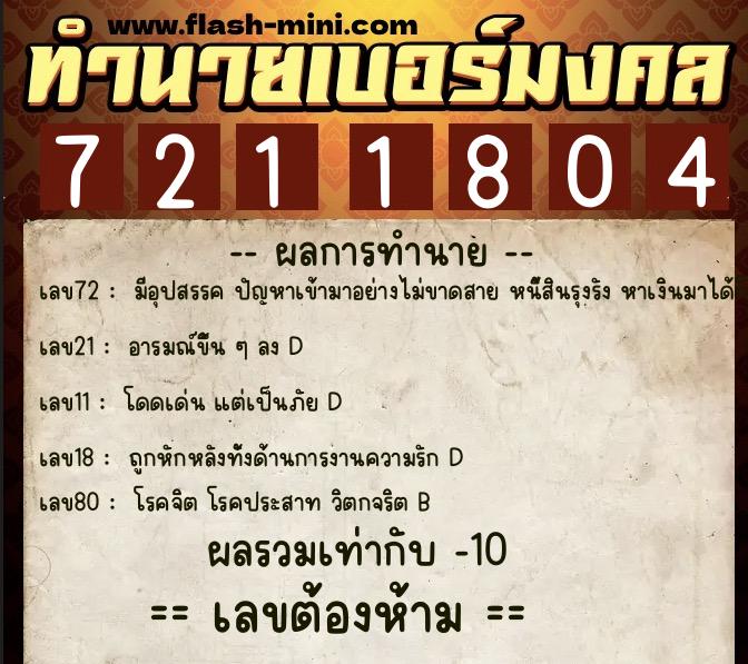 ทำนายเบอร์มงคล 0XX-7211804  ทำนายเบอร์มงคล หมายเลข 085-721180 