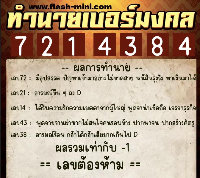 ทำนายเบอร์มงคล 0XX-7214384  ทำนายเบอร์มงคล หมายเลข 068-721438 