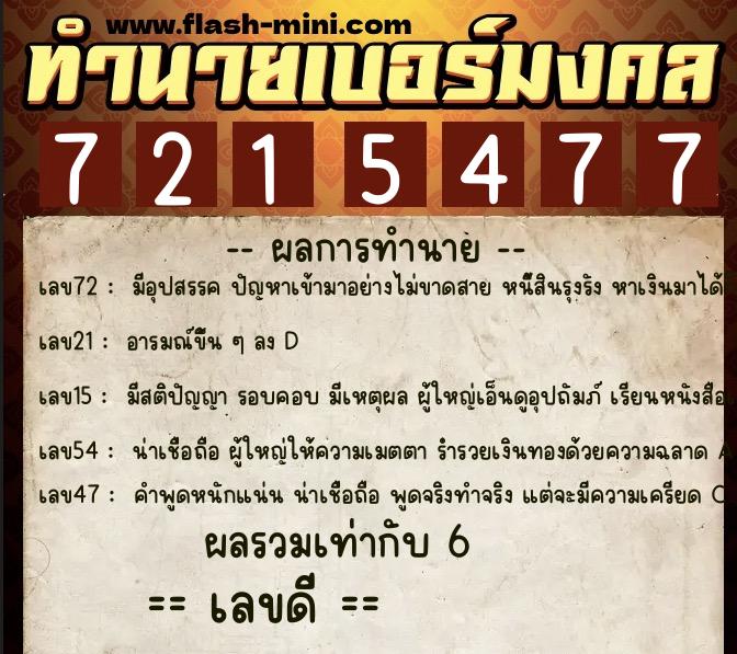 ทำนายเบอร์มงคล 0XX-7215477  ทำนายเบอร์มงคล หมายเลข 096-721547 